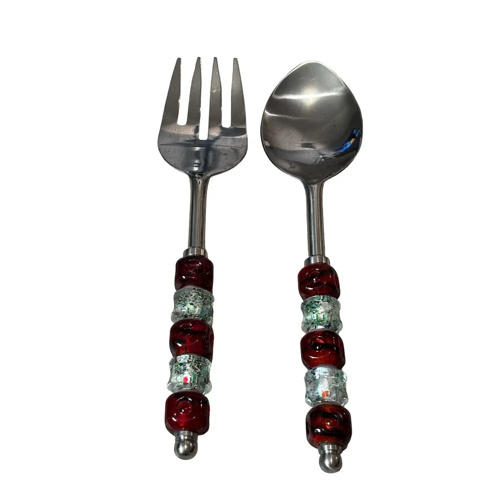 Handcrafted Beaded Serving Fork and Spoon Set Red Silver Glass Stainless Steel